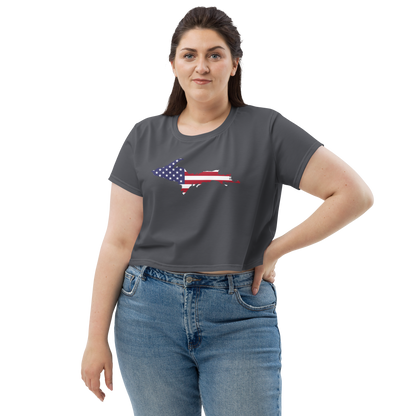 Michigan Upper Peninsula Crop Top (w/ UP USA Flag) | Sporty - Iron Ore Grey