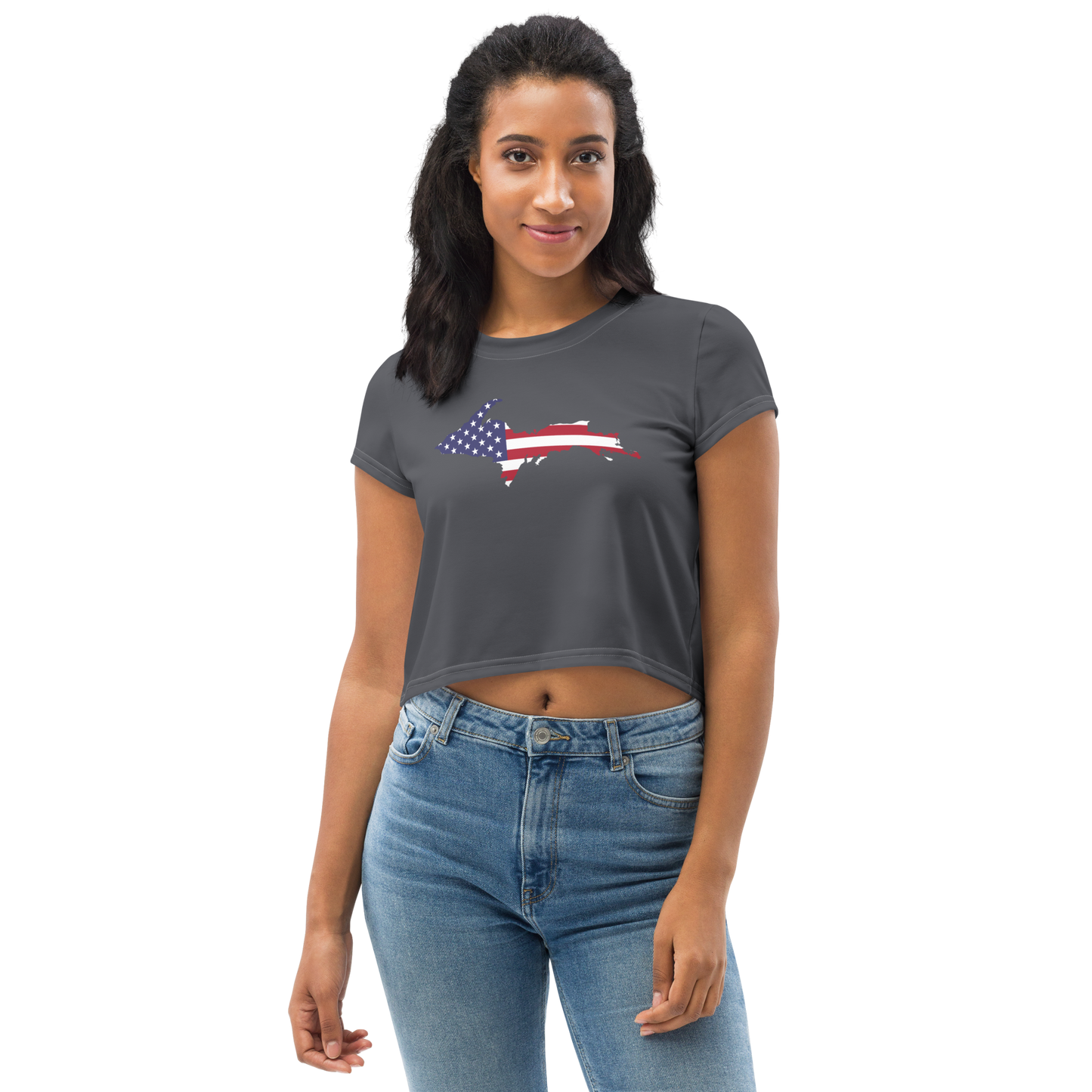 Michigan Upper Peninsula Crop Top (w/ UP USA Flag) | Sporty - Iron Ore Grey