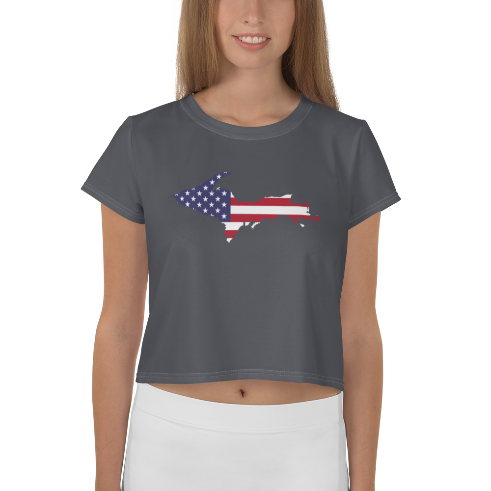 Michigan Upper Peninsula Crop Top (w/ UP USA Flag) | Sporty - Iron Ore Grey