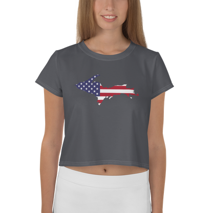 Michigan Upper Peninsula Crop Top (w/ UP USA Flag) | Sporty - Iron Ore Grey