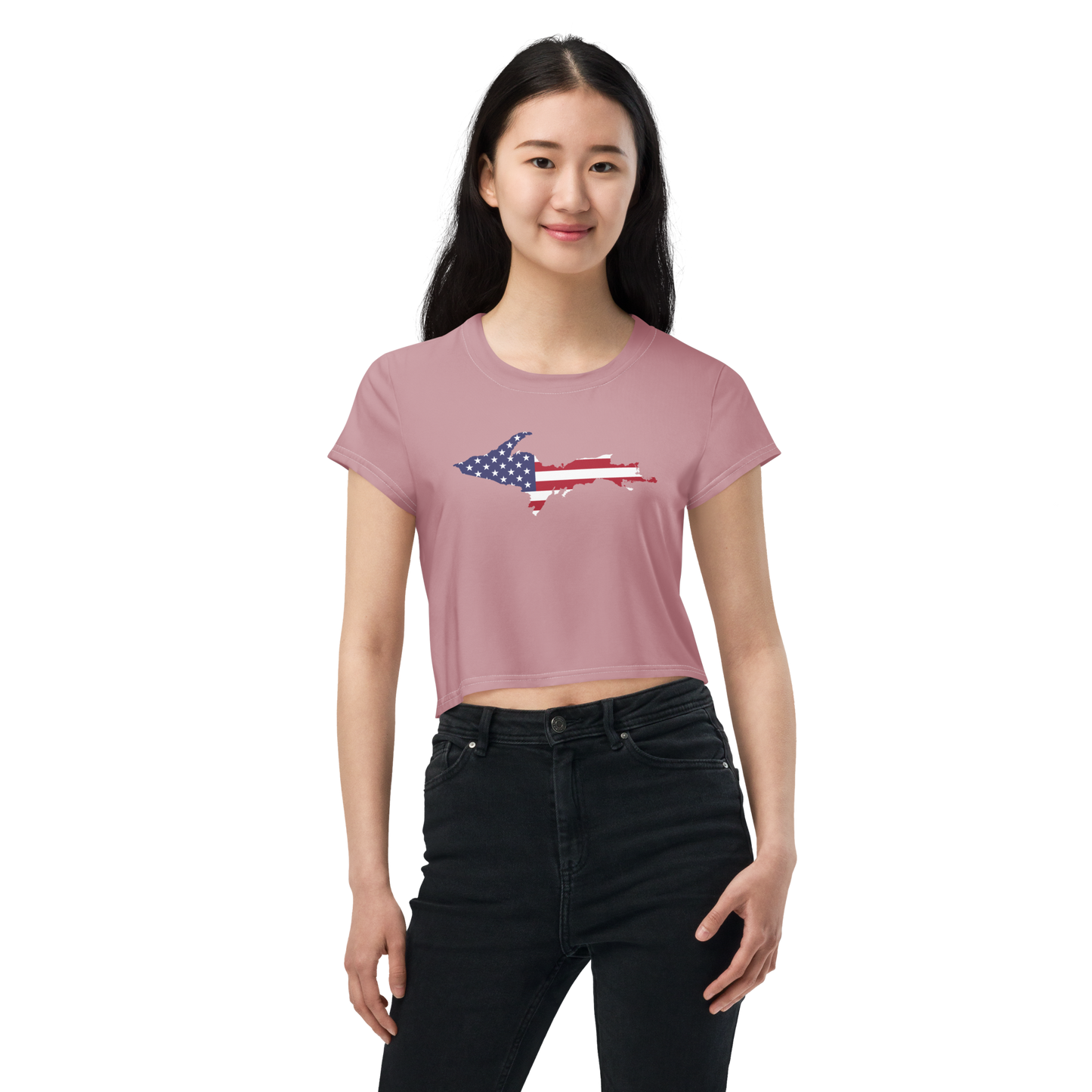 Michigan Upper Peninsula Crop Top (w/ UP USA Flag) | Sporty - Cherry Blossom Pink