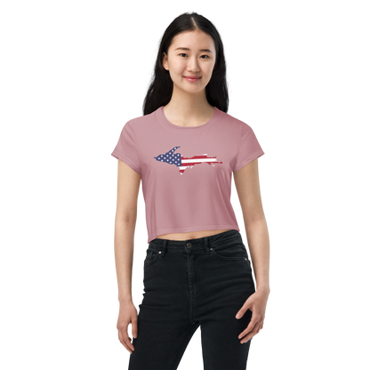 Michigan Upper Peninsula Crop Top (w/ UP USA Flag) | Sporty - Cherry Blossom Pink