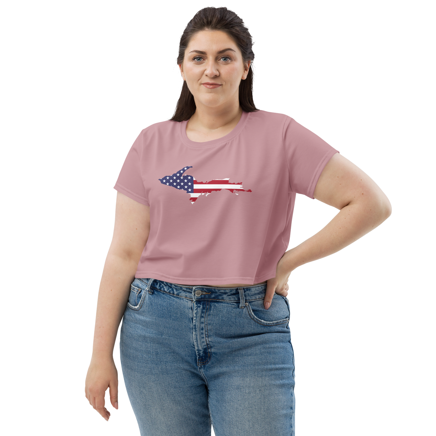 Michigan Upper Peninsula Crop Top (w/ UP USA Flag) | Sporty - Cherry Blossom Pink