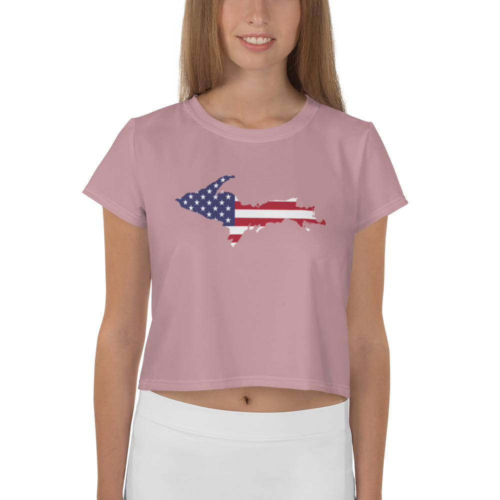 Michigan Upper Peninsula Crop Top (w/ UP USA Flag) | Sporty - Cherry Blossom Pink