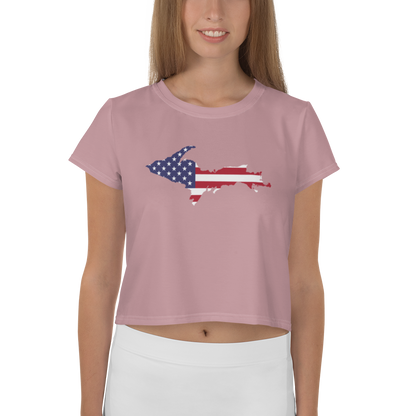 Michigan Upper Peninsula Crop Top (w/ UP USA Flag) | Sporty - Cherry Blossom Pink