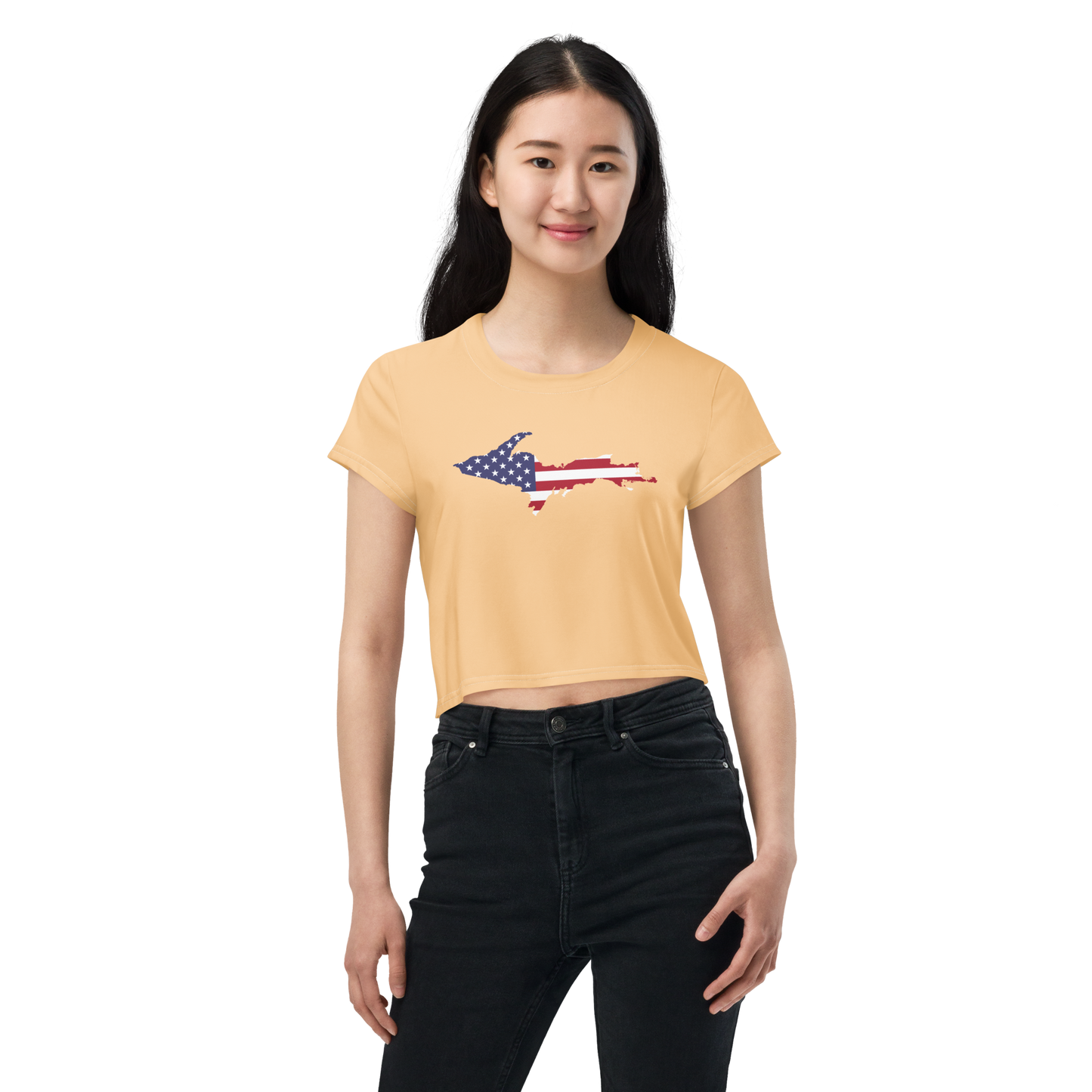 Michigan Upper Peninsula Crop Top (w/ UP USA Flag) | Sporty - Pale Apricot