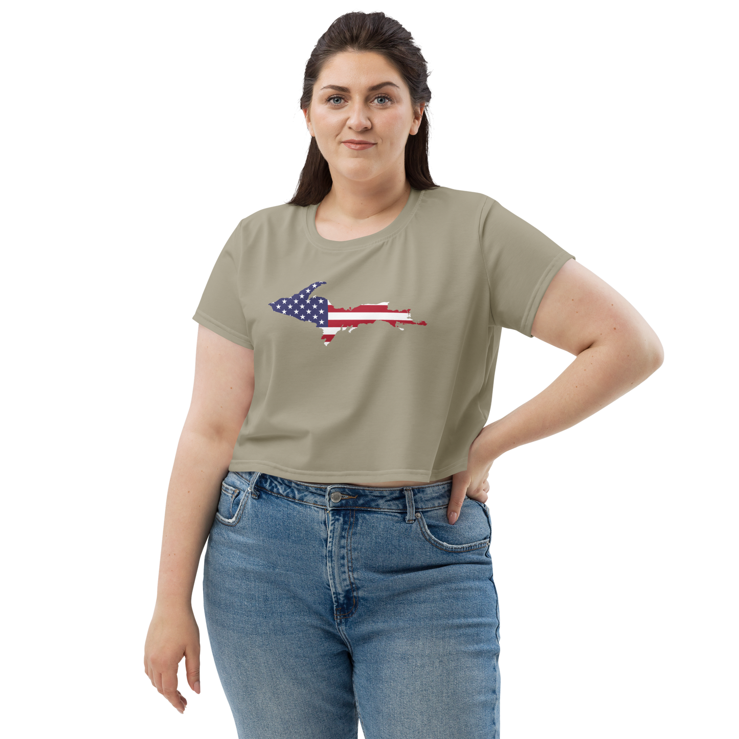 Michigan Upper Peninsula Crop Top (w/ UP USA Flag) | Sporty - Petoskey Stone Beige