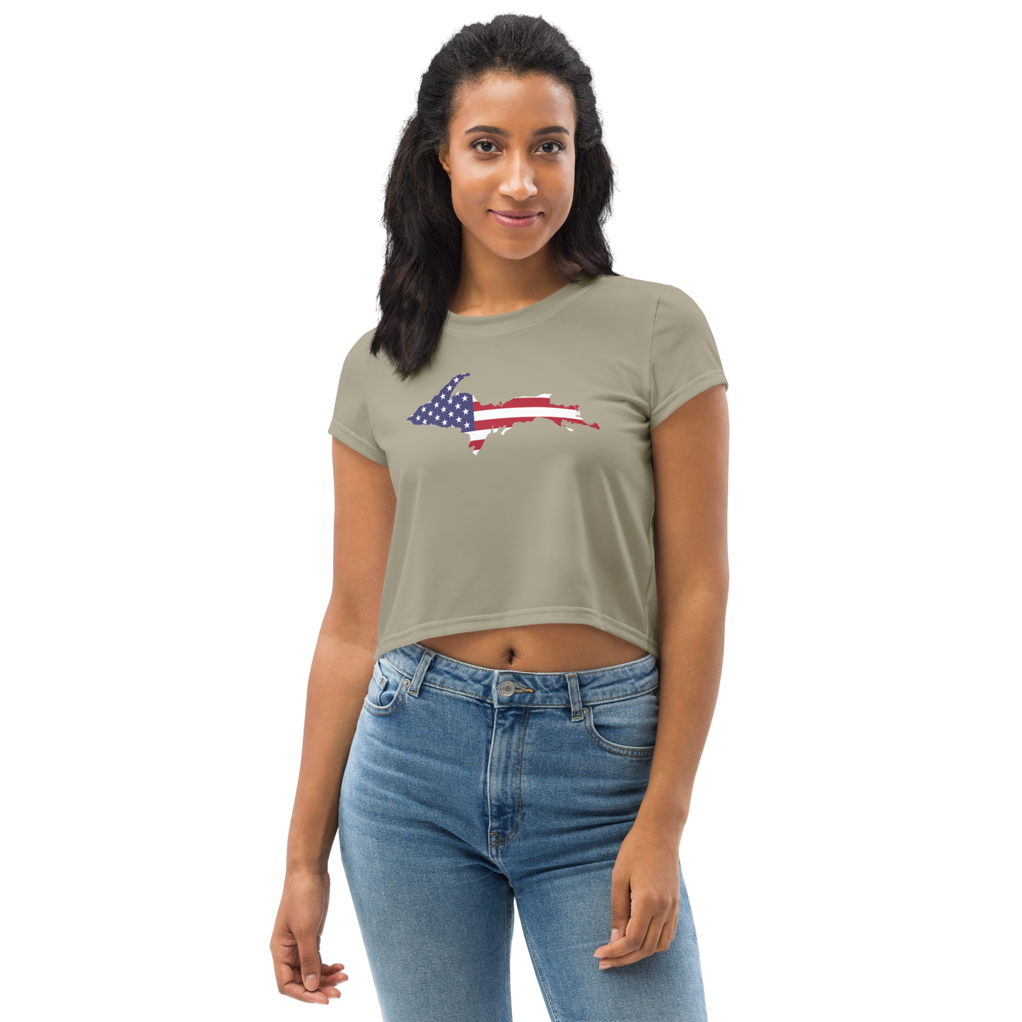 Michigan Upper Peninsula Crop Top (w/ UP USA Flag) | Sporty - Petoskey Stone Beige