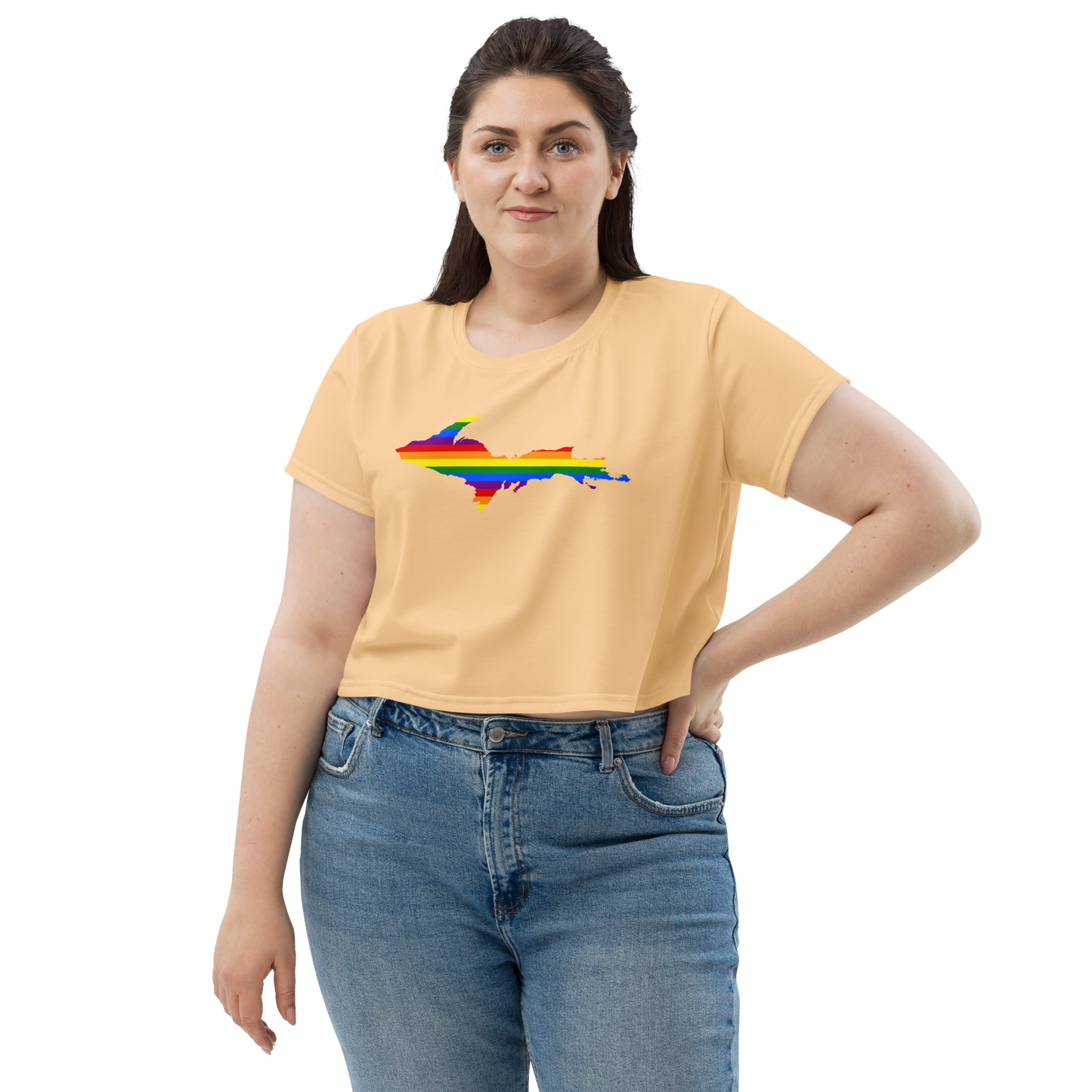 Michigan Upper Peninsula Crop Top (w/ UP Pride Flag) | Sporty - Pale Apricot