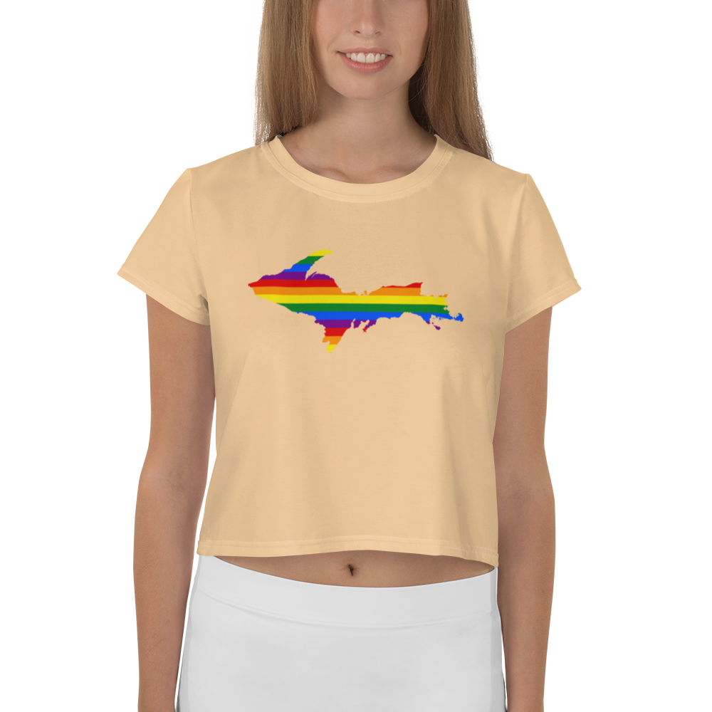 Michigan Upper Peninsula Crop Top (w/ UP Pride Flag) | Sporty - Pale Apricot