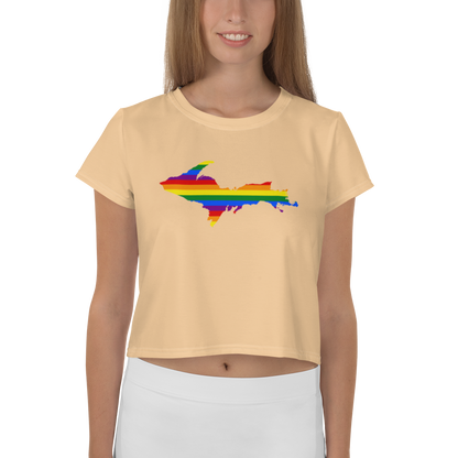 Michigan Upper Peninsula Crop Top (w/ UP Pride Flag) | Sporty - Pale Apricot