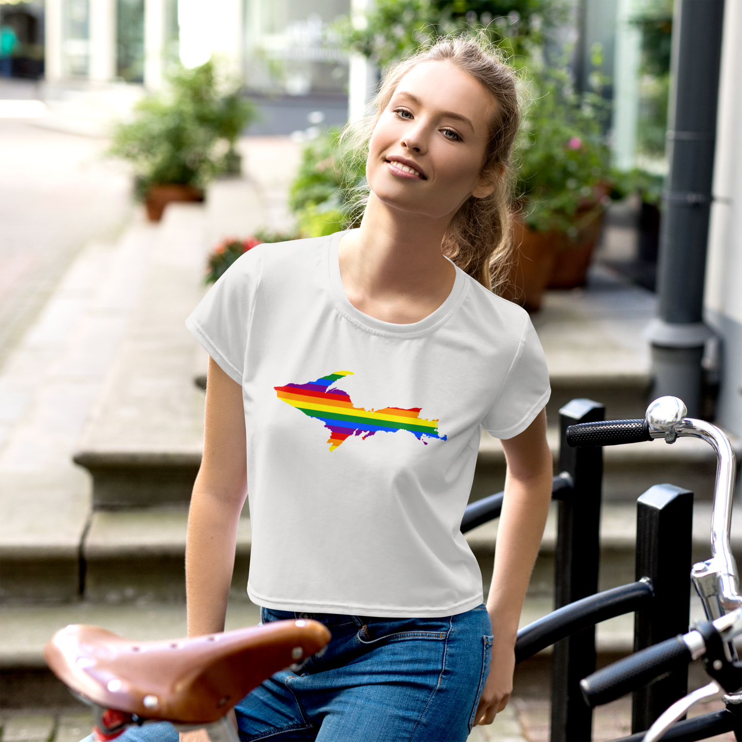 Michigan Upper Peninsula Crop Top (w/ UP Pride Flag) | Sporty - Birch Bark White