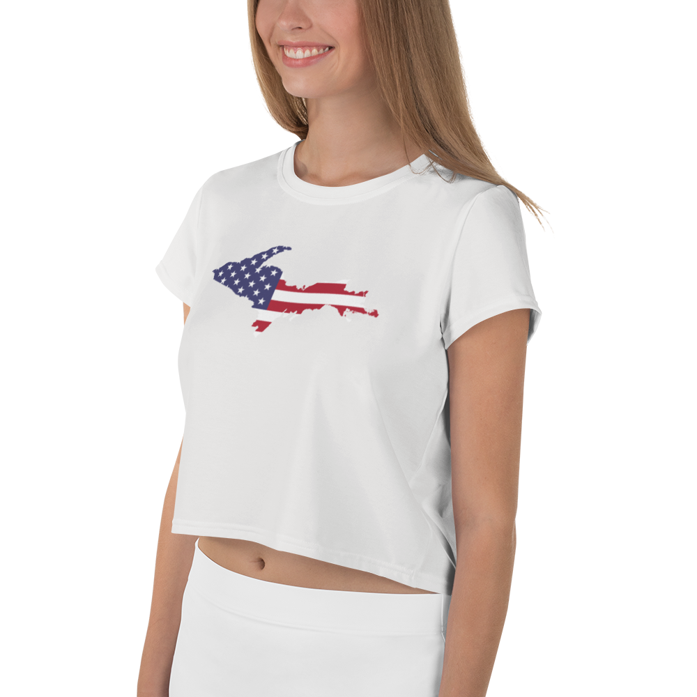 Michigan Upper Peninsula Crop Top (w/ UP USA Flag) | Sporty - Birch Bark White