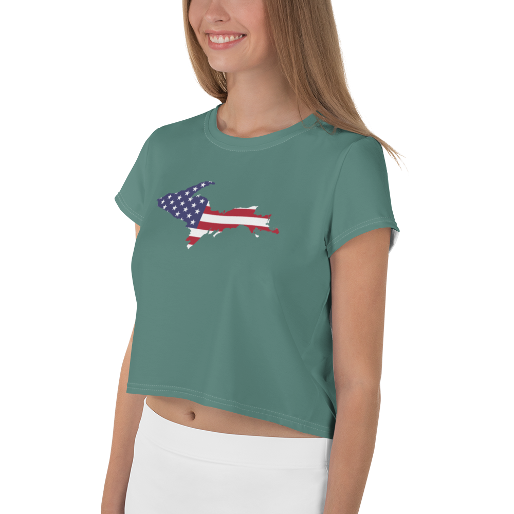 Michigan Upper Peninsula Crop Top (w/ UP USA Flag) | Sporty - Copper Green