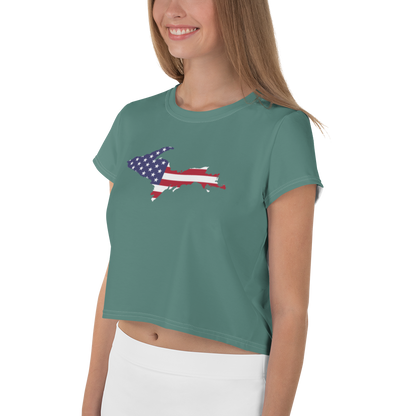 Michigan Upper Peninsula Crop Top (w/ UP USA Flag) | Sporty - Copper Green