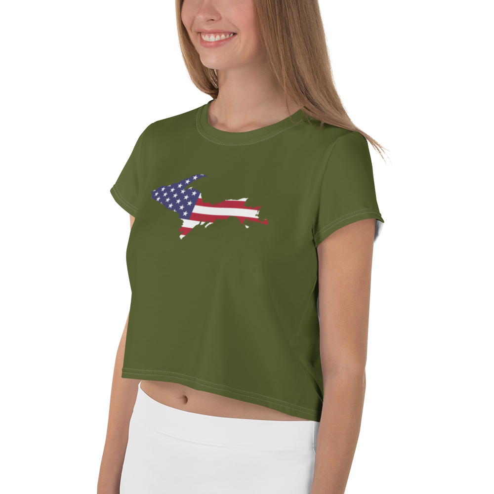 Michigan Upper Peninsula Crop Top (w/ UP USA Flag) | Sporty - Army Green