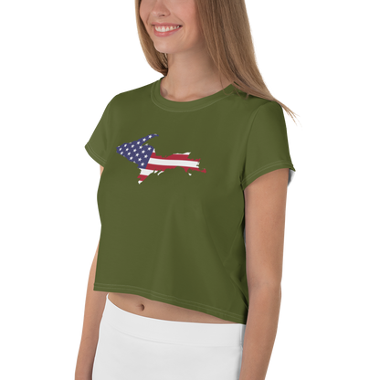 Michigan Upper Peninsula Crop Top (w/ UP USA Flag) | Sporty - Army Green