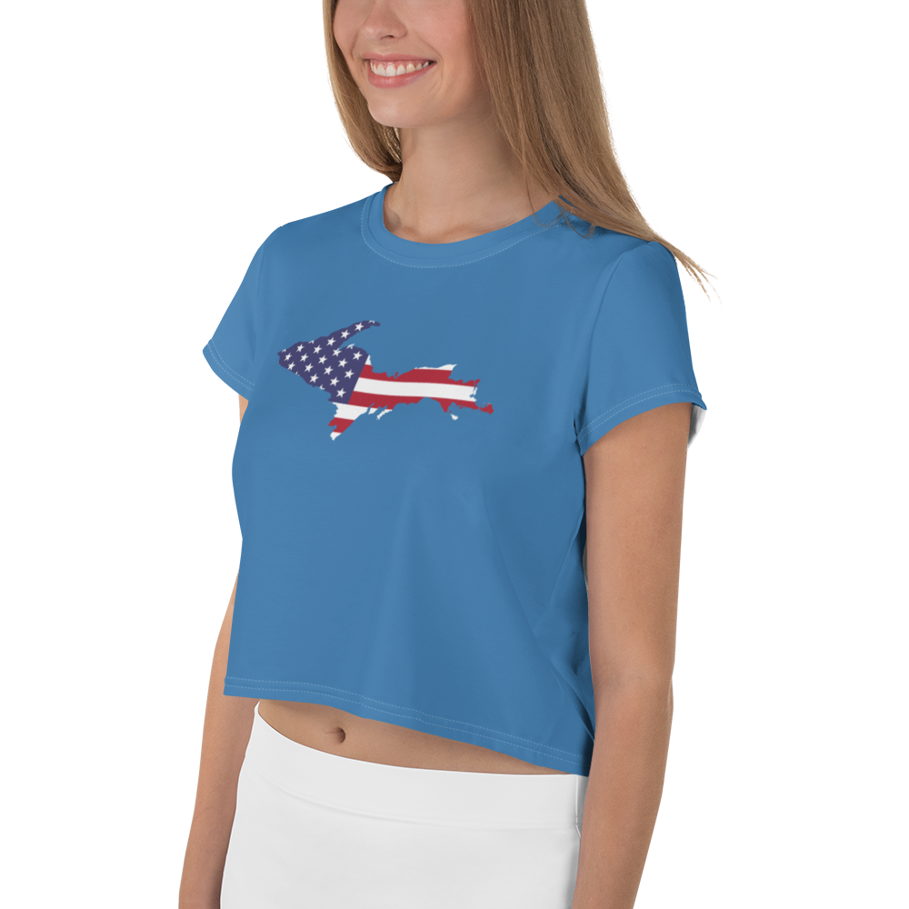 Michigan Upper Peninsula Crop Top (w/ UP USA Flag) | Sporty - Lake Superior Blue