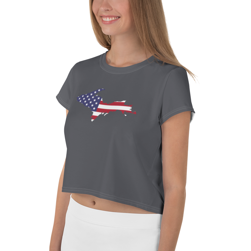 Michigan Upper Peninsula Crop Top (w/ UP USA Flag) | Sporty - Iron Ore Grey