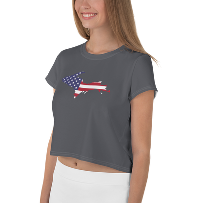 Michigan Upper Peninsula Crop Top (w/ UP USA Flag) | Sporty - Iron Ore Grey