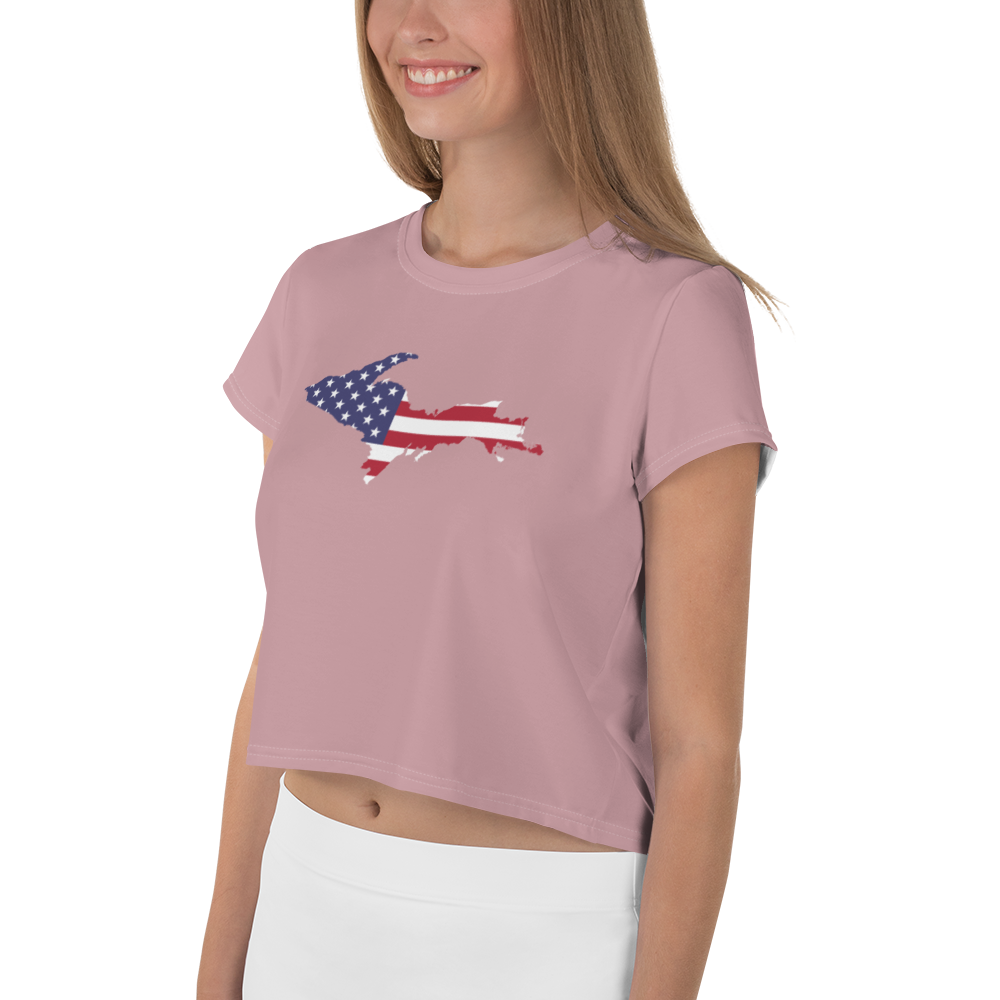 Michigan Upper Peninsula Crop Top (w/ UP USA Flag) | Sporty - Cherry Blossom Pink