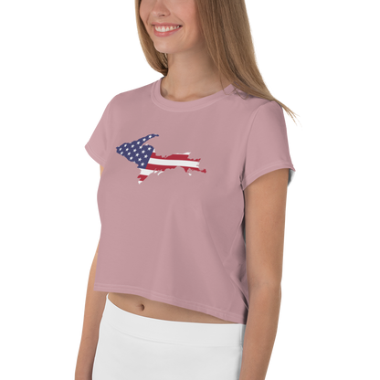 Michigan Upper Peninsula Crop Top (w/ UP USA Flag) | Sporty - Cherry Blossom Pink