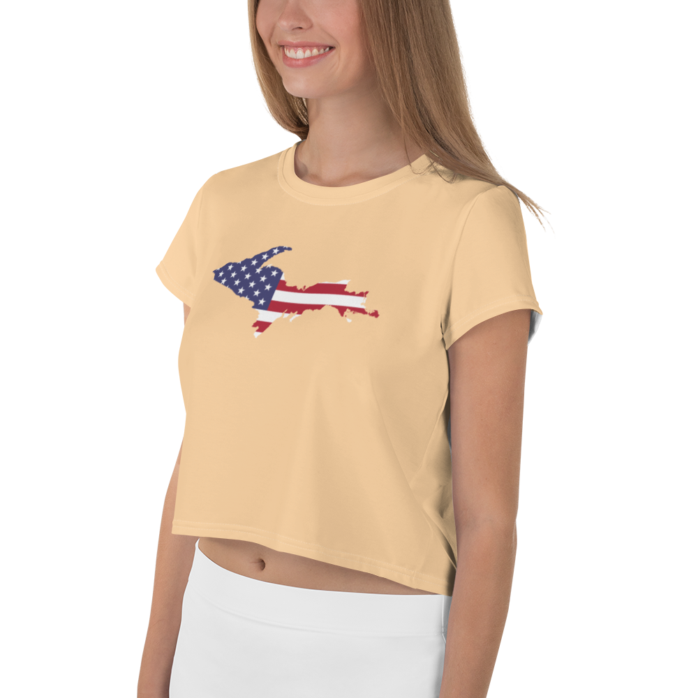 Michigan Upper Peninsula Crop Top (w/ UP USA Flag) | Sporty - Pale Apricot