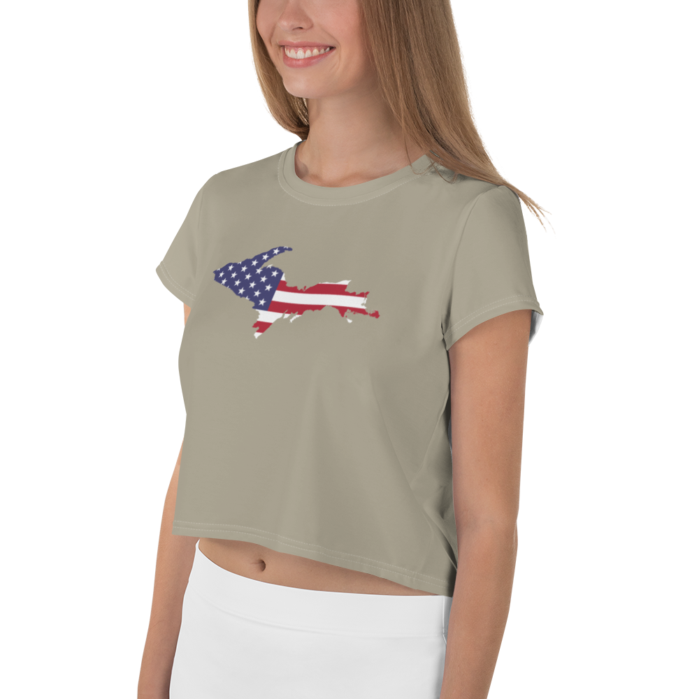 Michigan Upper Peninsula Crop Top (w/ UP USA Flag) | Sporty - Petoskey Stone Beige