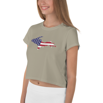 Michigan Upper Peninsula Crop Top (w/ UP USA Flag) | Sporty - Petoskey Stone Beige