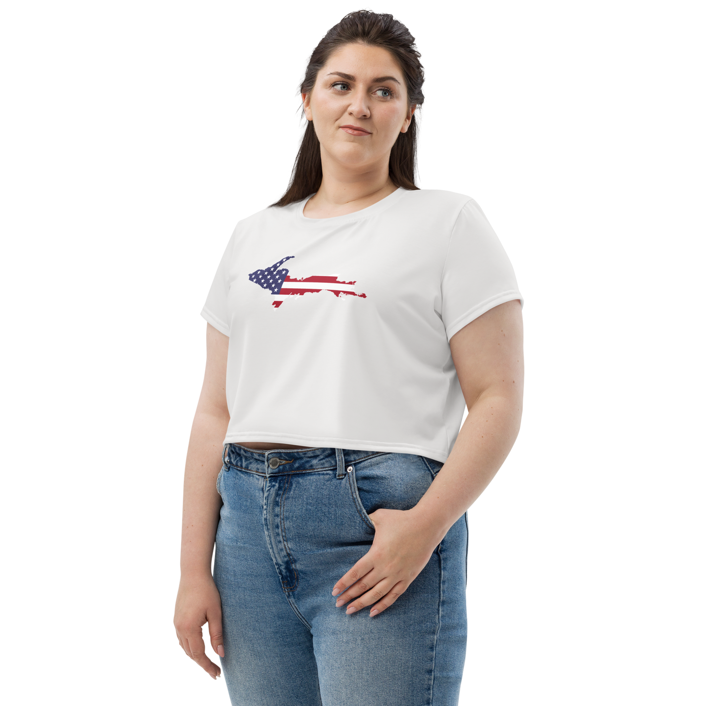 Michigan Upper Peninsula Crop Top (w/ UP USA Flag) | Sporty - Birch Bark White