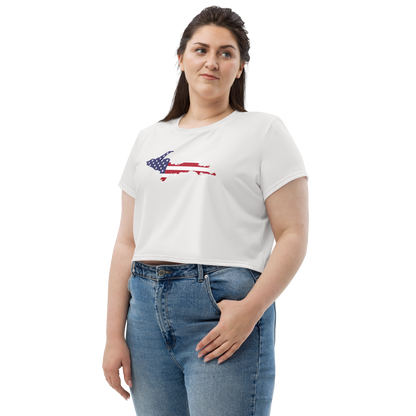 Michigan Upper Peninsula Crop Top (w/ UP USA Flag) | Sporty - Birch Bark White