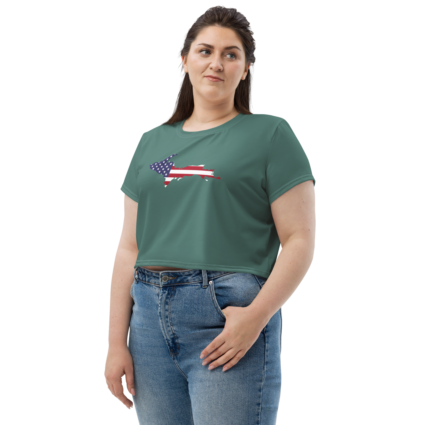 Michigan Upper Peninsula Crop Top (w/ UP USA Flag) | Sporty - Copper Green