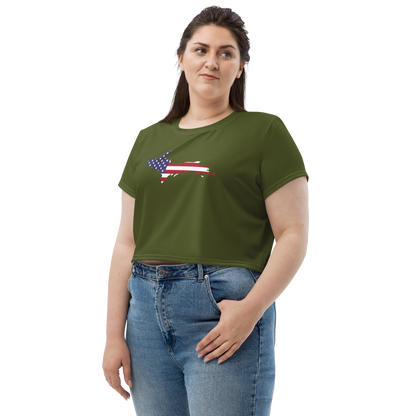 Michigan Upper Peninsula Crop Top (w/ UP USA Flag) | Sporty - Army Green