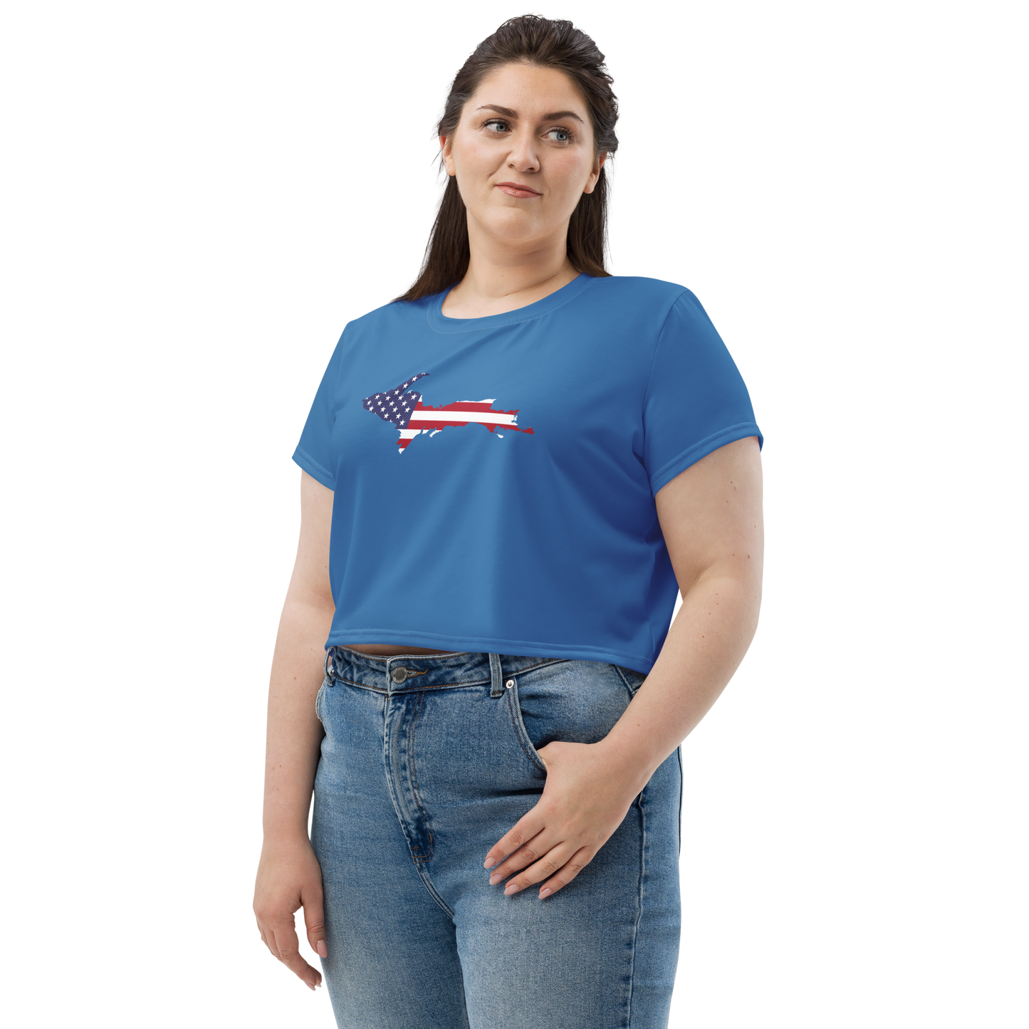 Michigan Upper Peninsula Crop Top (w/ UP USA Flag) | Sporty - Lake Superior Blue