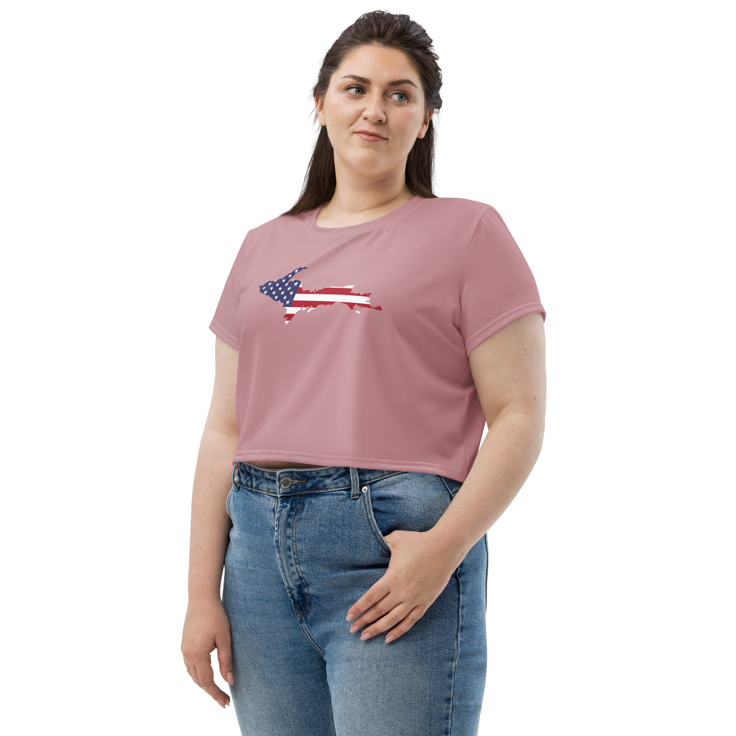 Michigan Upper Peninsula Crop Top (w/ UP USA Flag) | Sporty - Cherry Blossom Pink