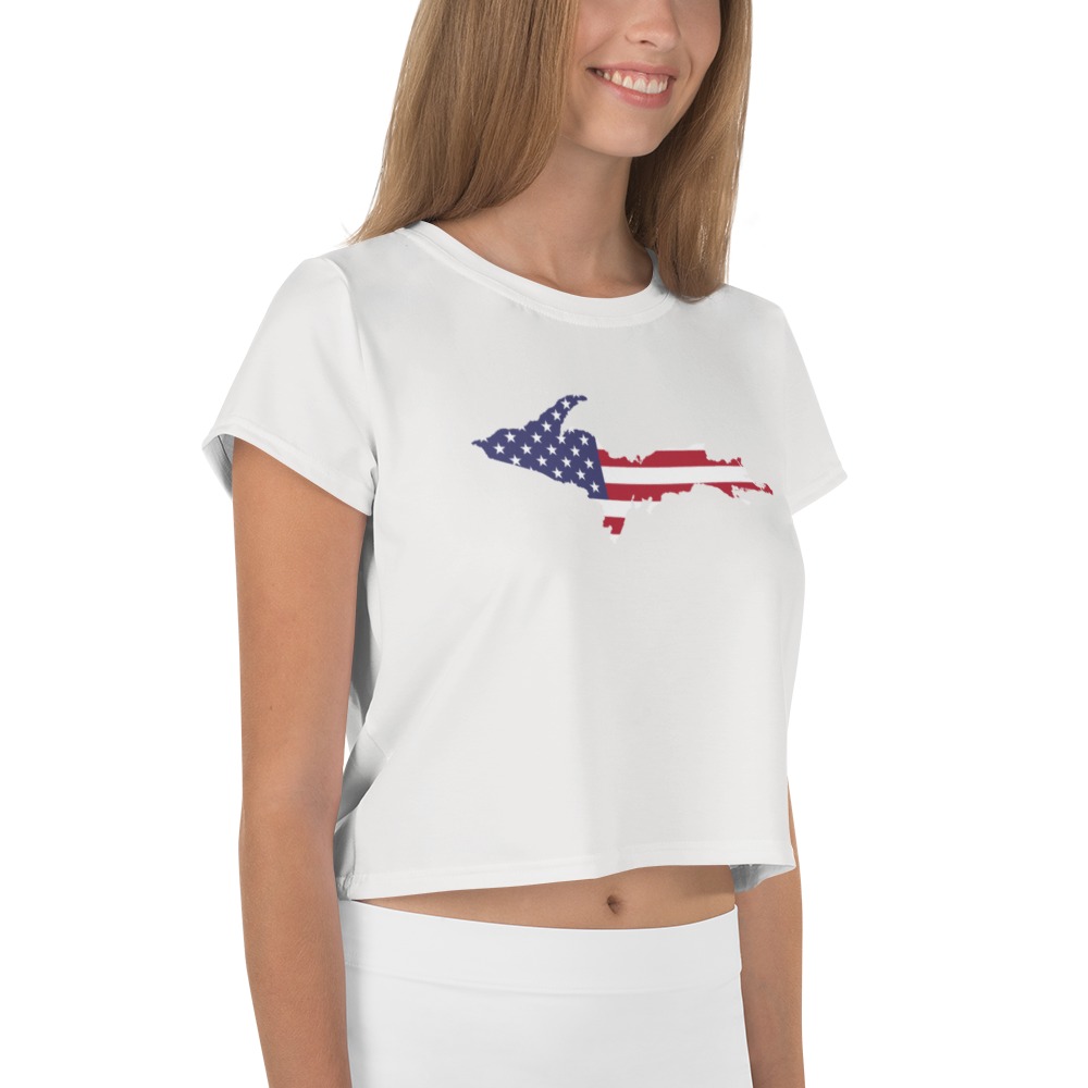 Michigan Upper Peninsula Crop Top (w/ UP USA Flag) | Sporty - Birch Bark White