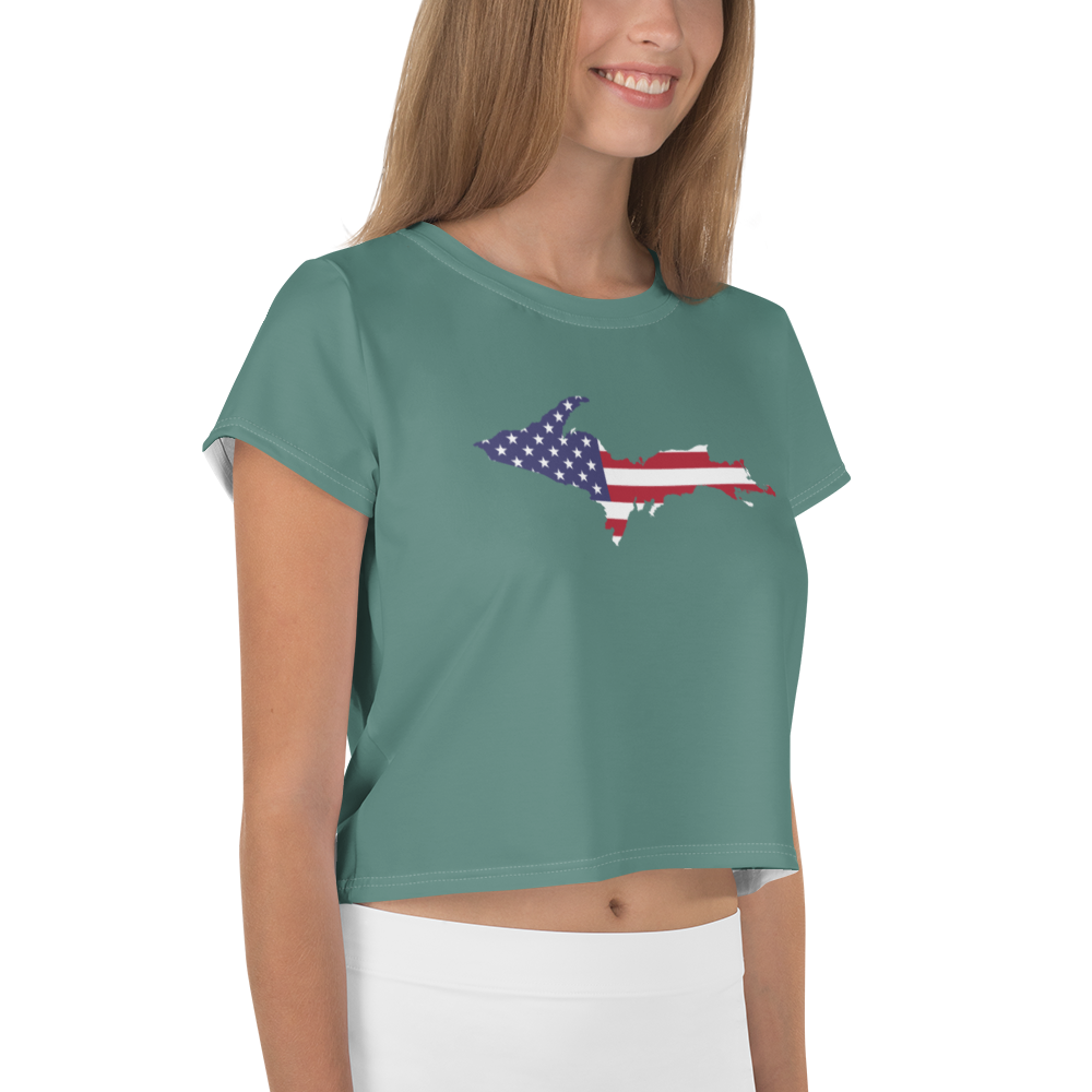 Michigan Upper Peninsula Crop Top (w/ UP USA Flag) | Sporty - Copper Green