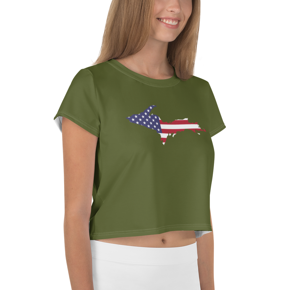 Michigan Upper Peninsula Crop Top (w/ UP USA Flag) | Sporty - Army Green