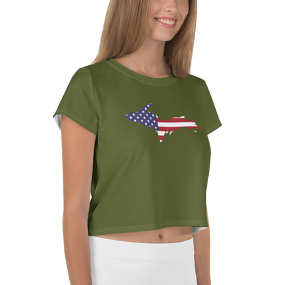 Michigan Upper Peninsula Crop Top (w/ UP USA Flag) | Sporty - Army Green