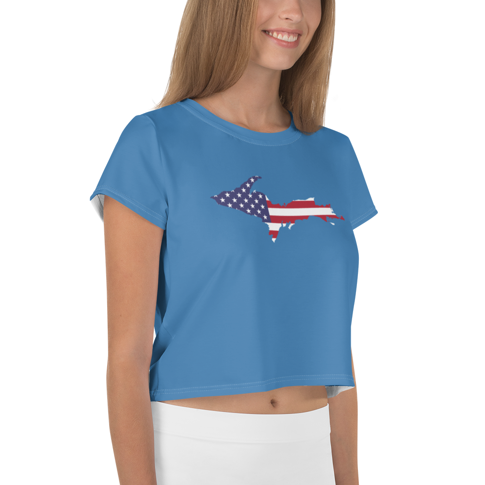 Michigan Upper Peninsula Crop Top (w/ UP USA Flag) | Sporty - Lake Superior Blue