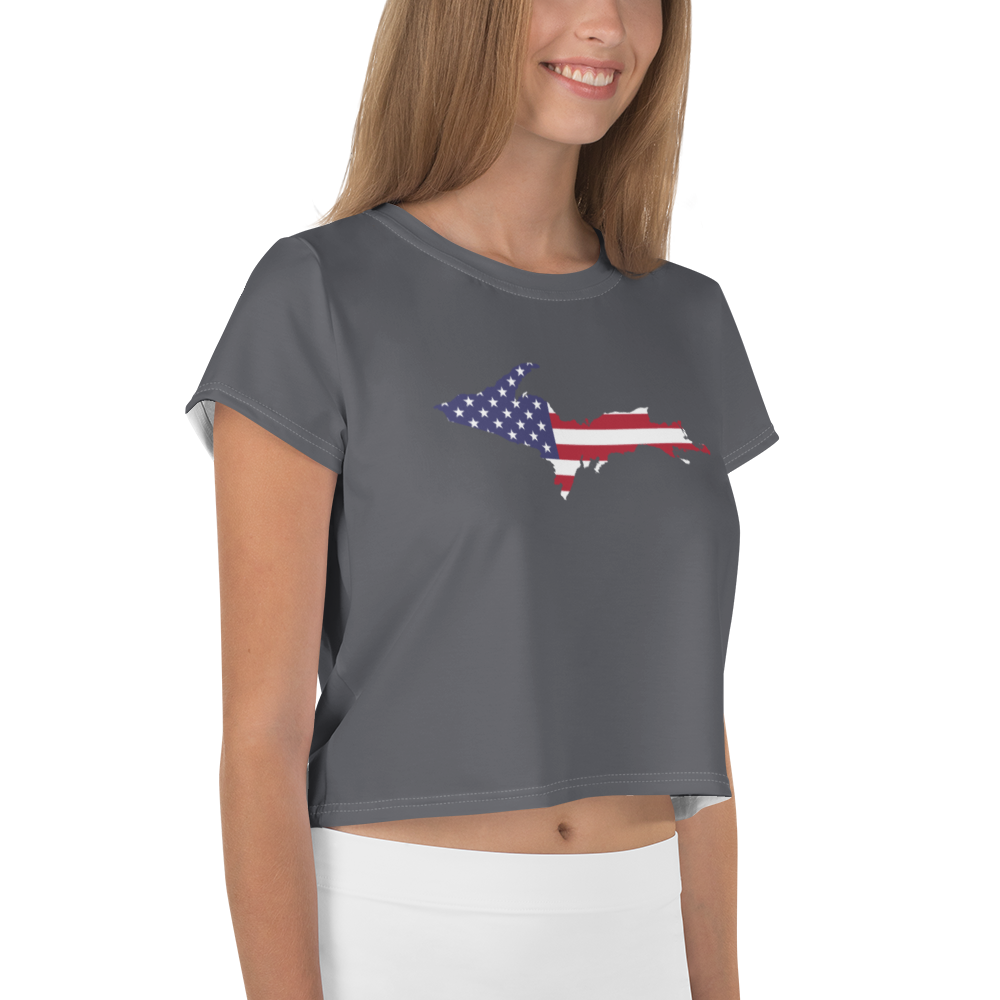 Michigan Upper Peninsula Crop Top (w/ UP USA Flag) | Sporty - Iron Ore Grey