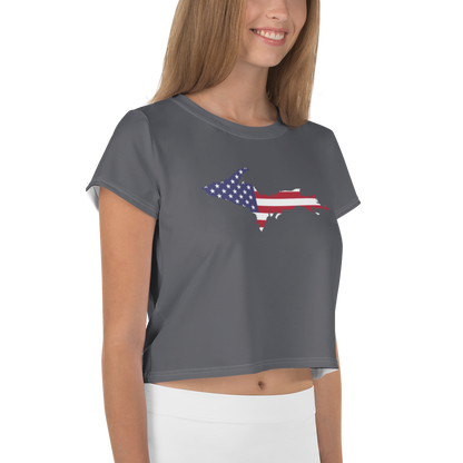 Michigan Upper Peninsula Crop Top (w/ UP USA Flag) | Sporty - Iron Ore Grey