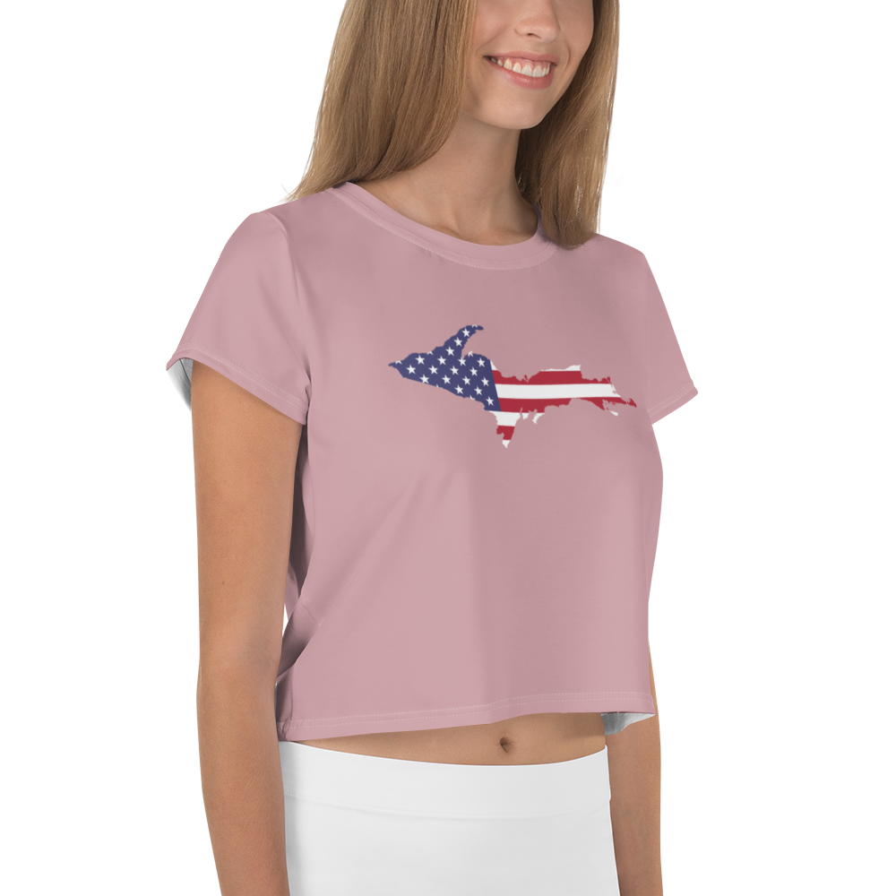 Michigan Upper Peninsula Crop Top (w/ UP USA Flag) | Sporty - Cherry Blossom Pink