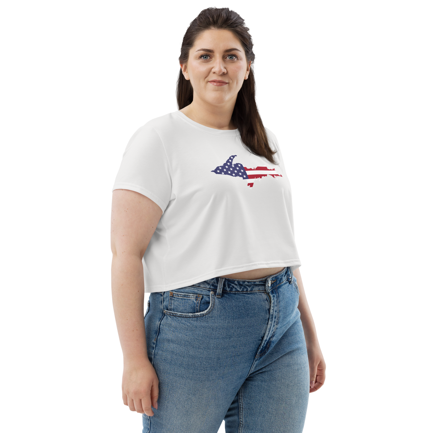 Michigan Upper Peninsula Crop Top (w/ UP USA Flag) | Sporty - Birch Bark White