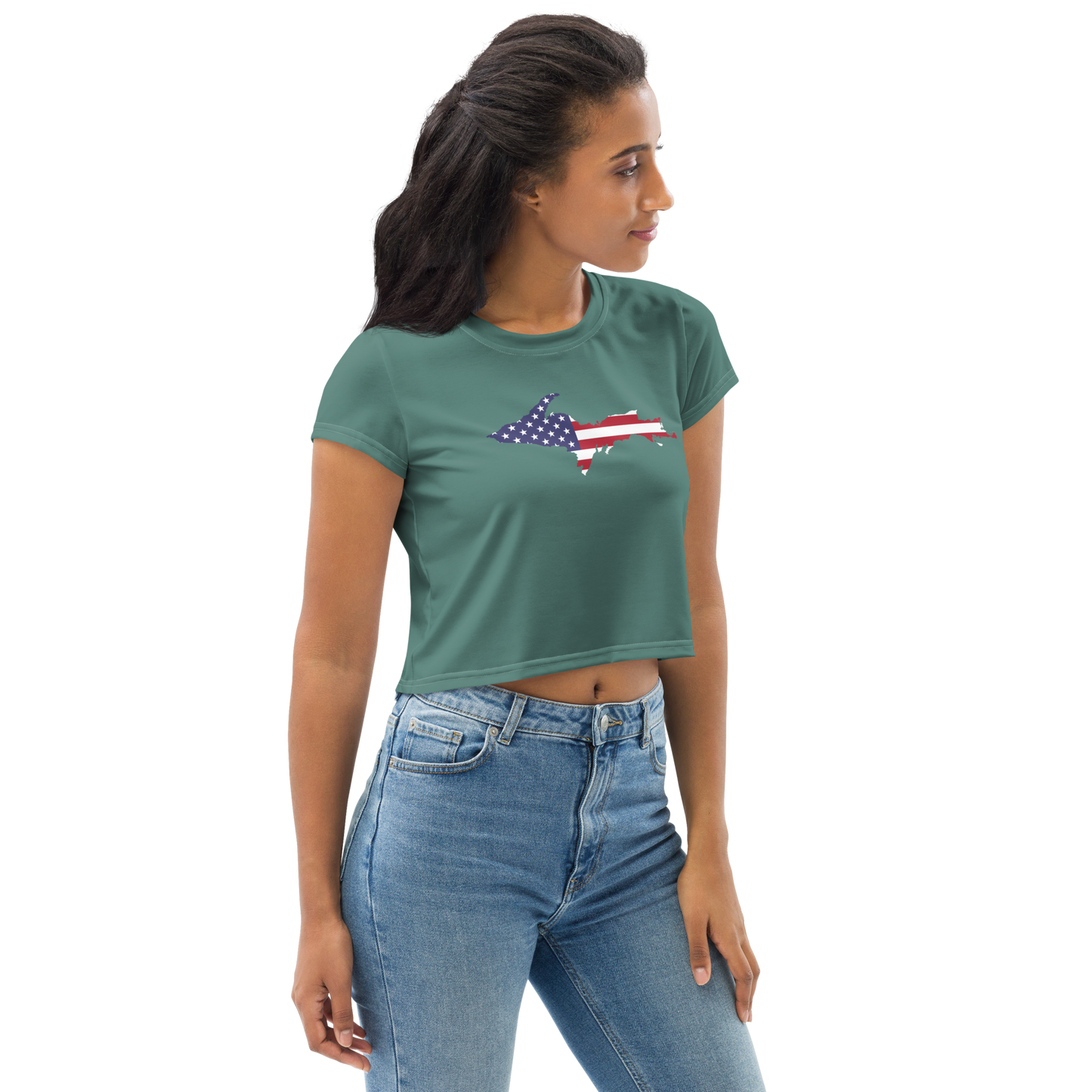 Michigan Upper Peninsula Crop Top (w/ UP USA Flag) | Sporty - Copper Green