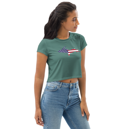 Michigan Upper Peninsula Crop Top (w/ UP USA Flag) | Sporty - Copper Green