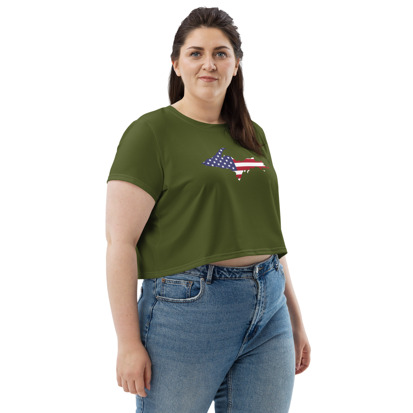 Michigan Upper Peninsula Crop Top (w/ UP USA Flag) | Sporty - Army Green