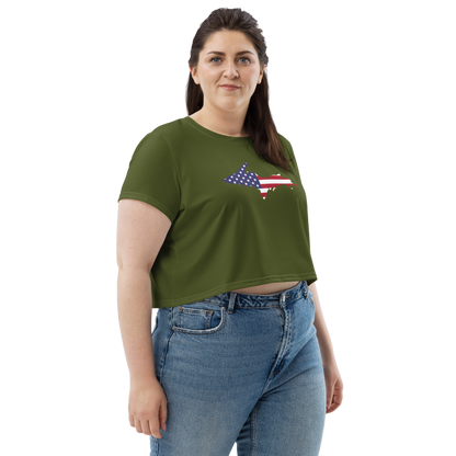 Michigan Upper Peninsula Crop Top (w/ UP USA Flag) | Sporty - Army Green