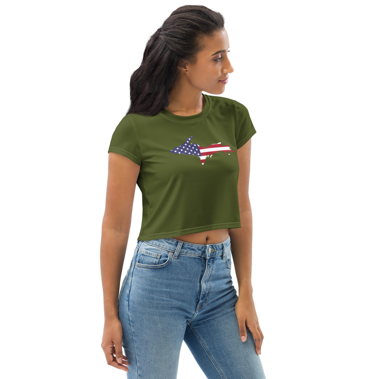 Michigan Upper Peninsula Crop Top (w/ UP USA Flag) | Sporty - Army Green