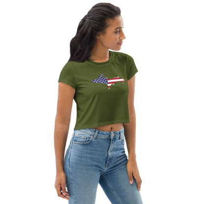 Michigan Upper Peninsula Crop Top (w/ UP USA Flag) | Sporty - Army Green